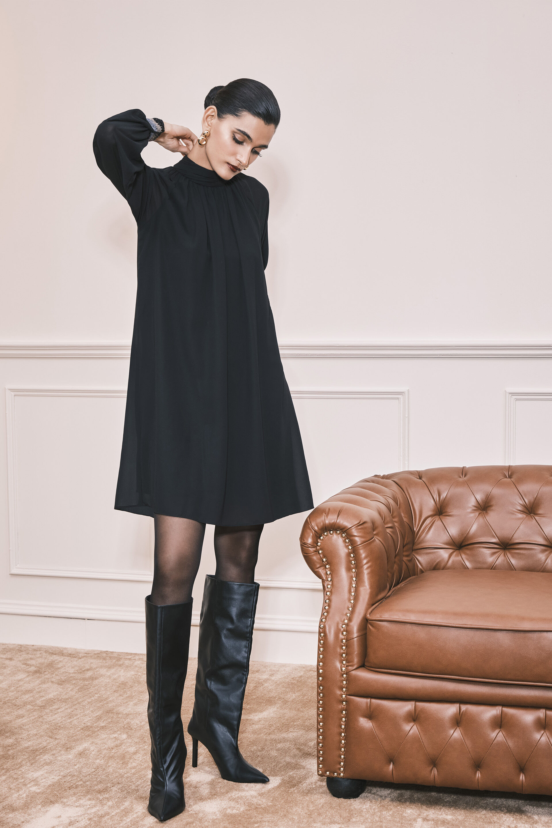 Candelabra Shimmer Georgette Dress, Black, image 1